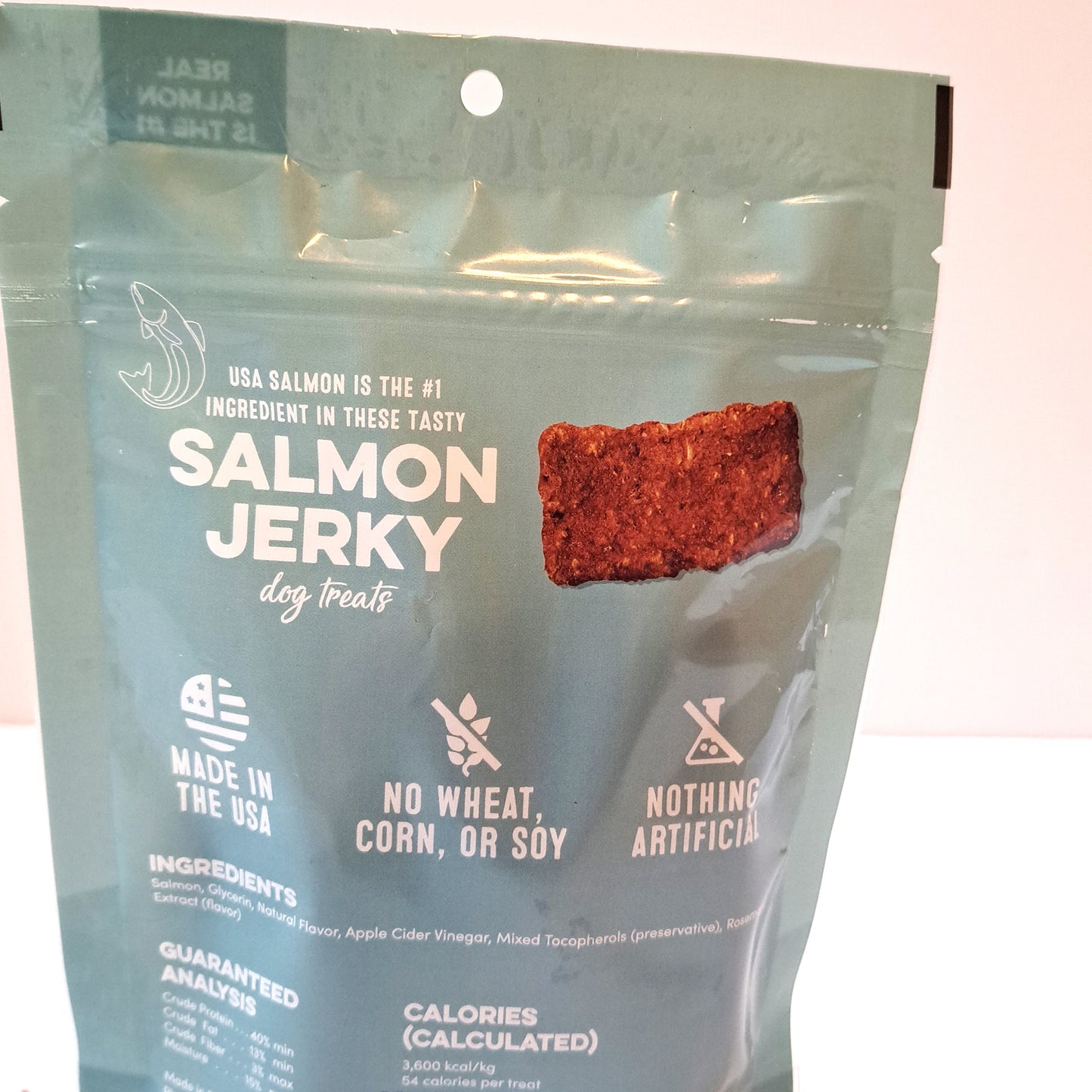 Back of Salom Jerky Dog Treats bag from Patty's Pet Foods with a list of ingredients