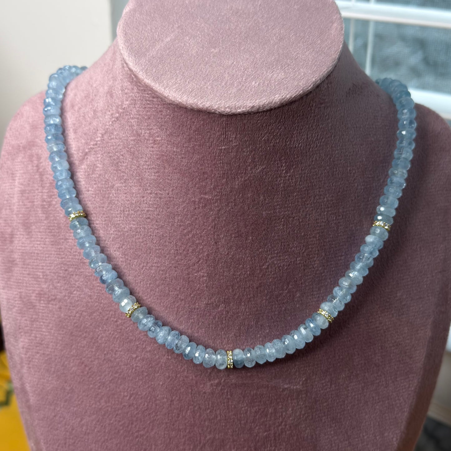 Aquamarine Bead Necklace with 18K Gold Fill CZ Spacers | 16" + 2" Extender