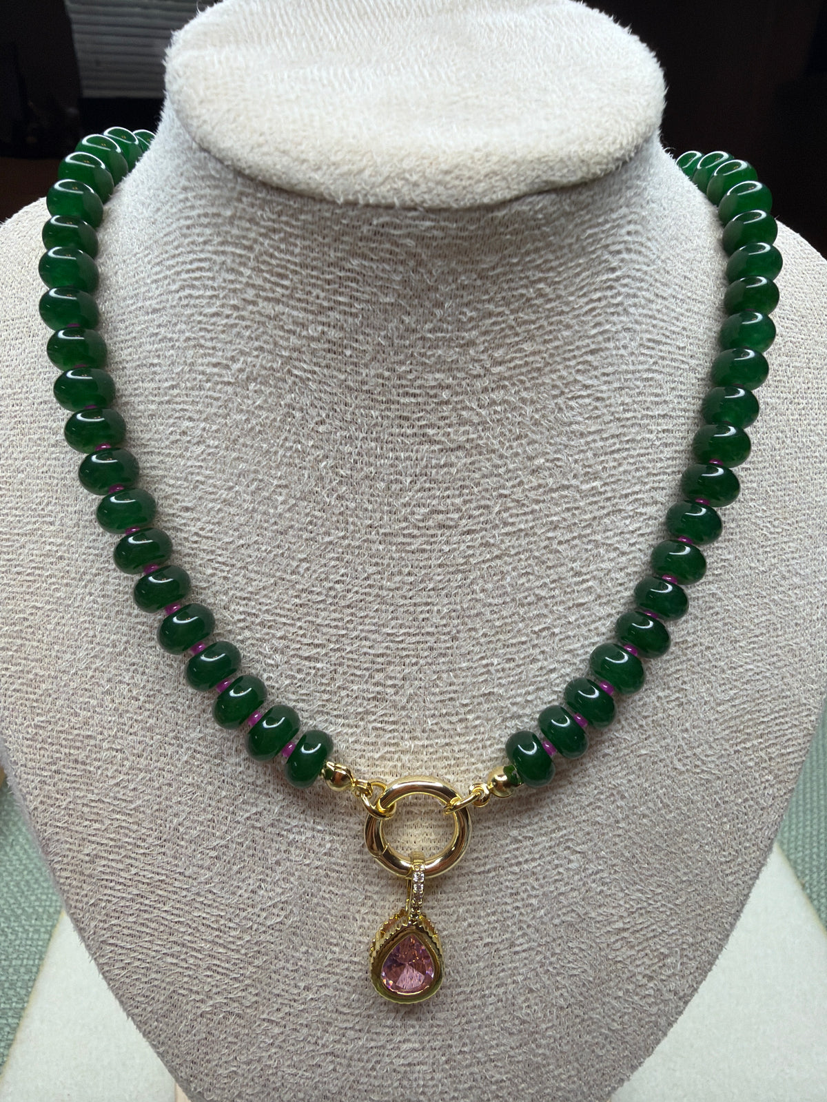 Green Jade & Pink CZ Pendant Necklace