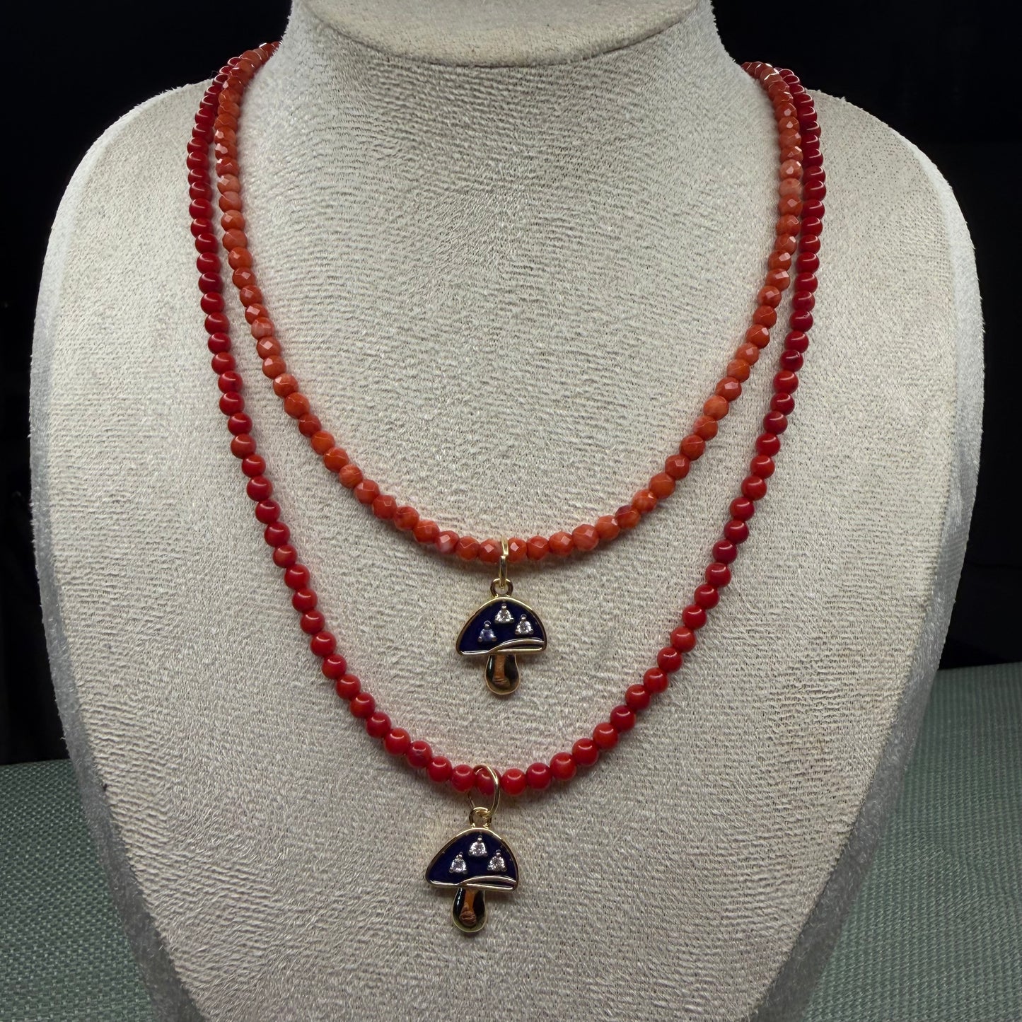 Coral Beaded Necklace with Gold Plated Mushroom Charm