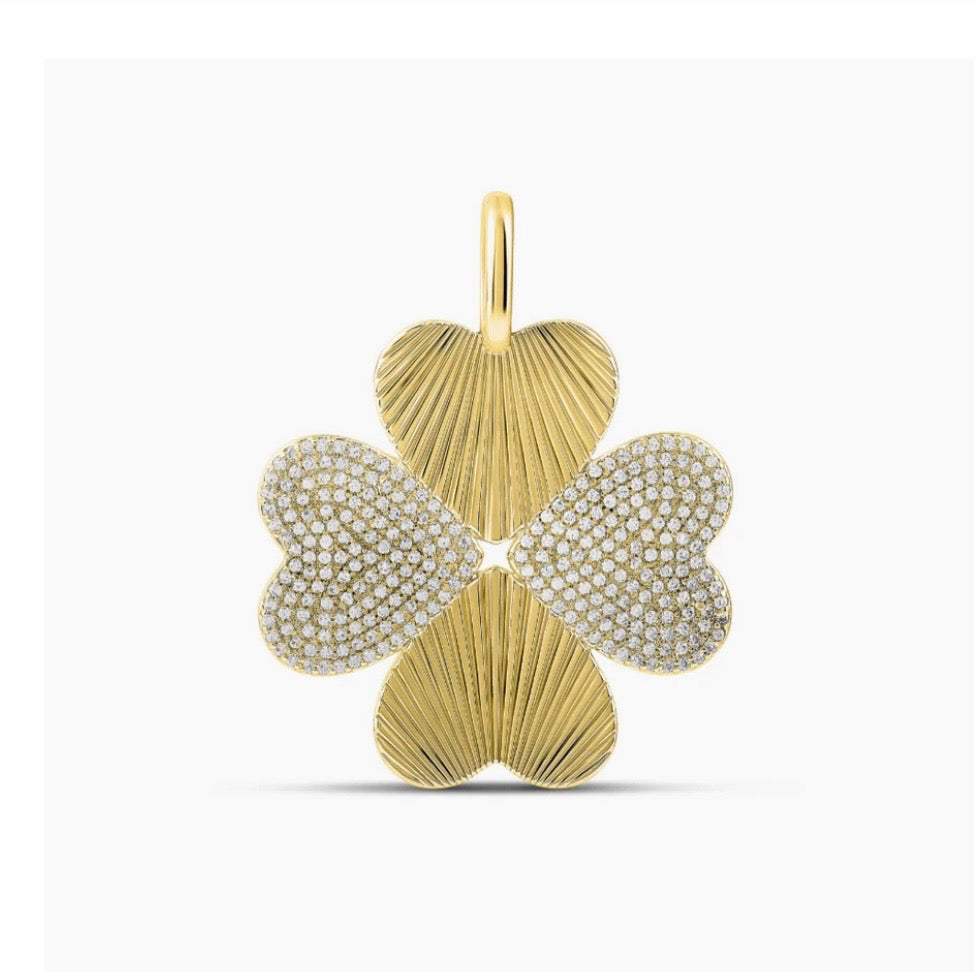Clover Heart Charm Pendant – 18K Gold Plated CZ Four Leaf Clover (27mm)