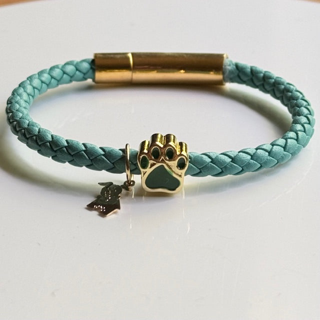 Handmade Braided Leather Bracelet with Gold Paw Print Charm – Colorful & Stylish Pet Lover Jewelry