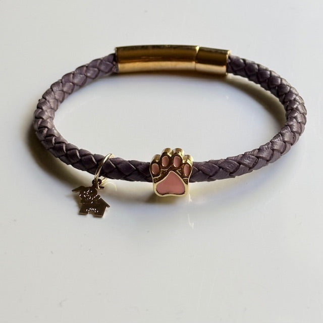 Handmade Braided Leather Bracelet with Gold Paw Print Charm – Colorful & Stylish Pet Lover Jewelry