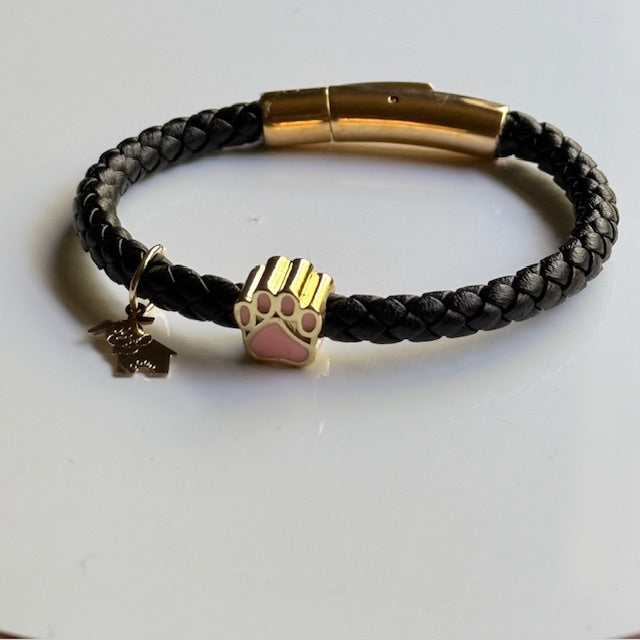 Handmade Braided Leather Bracelet with Gold Paw Print Charm – Colorful & Stylish Pet Lover Jewelry