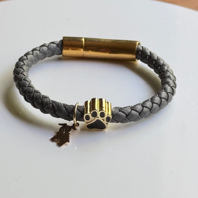 Handmade Braided Leather Bracelet with Gold Paw Print Charm – Colorful & Stylish Pet Lover Jewelry