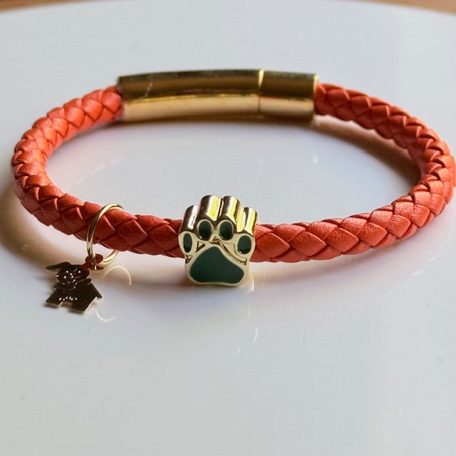 Handmade Braided Leather Bracelet with Gold Paw Print Charm – Colorful & Stylish Pet Lover Jewelry