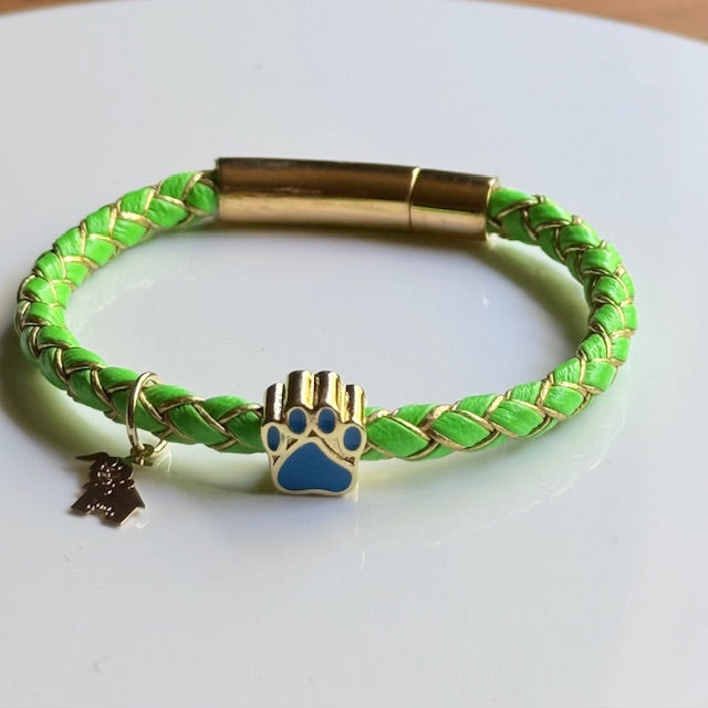 Handmade Braided Leather Bracelet with Gold Paw Print Charm – Colorful & Stylish Pet Lover Jewelry