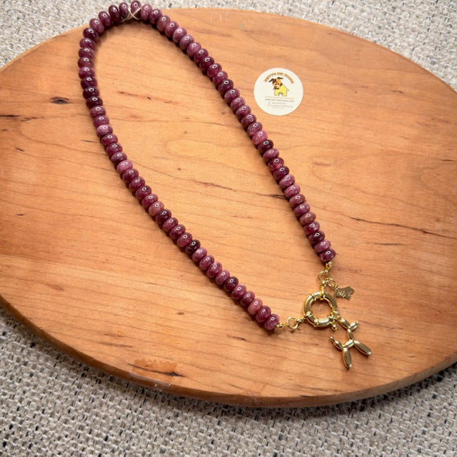 Agate Beaded Necklace with Gold Balloon Dog Charm – Playful Handmade Statement Jewelry