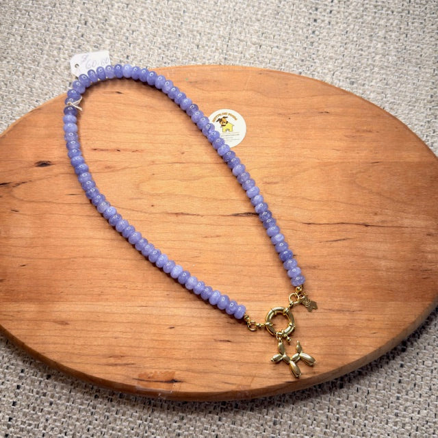 Agate Beaded Necklace with Gold Balloon Dog Charm – Playful Handmade Statement Jewelry
