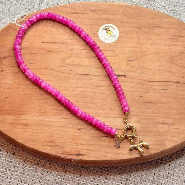 Agate Beaded Necklace with Gold Balloon Dog Charm – Playful Handmade Statement Jewelry