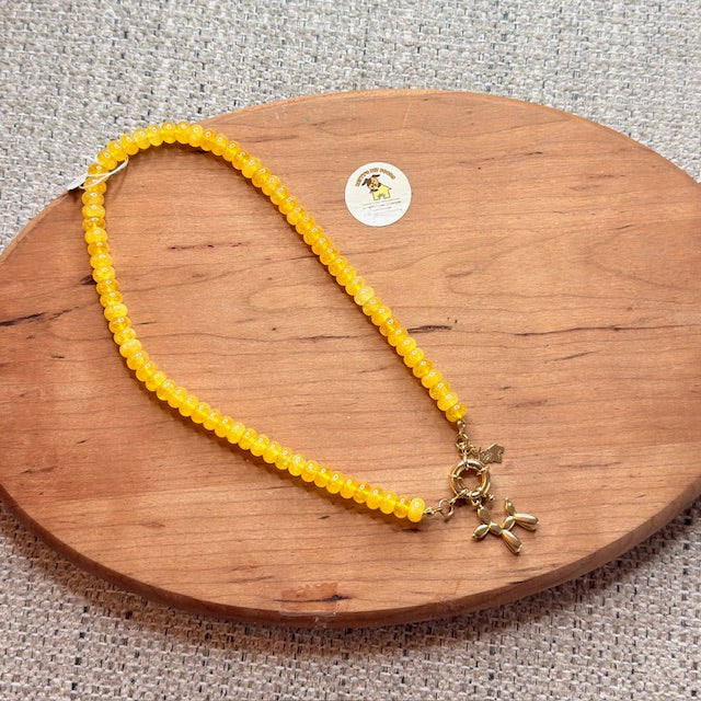 Agate Beaded Necklace with Gold Balloon Dog Charm – Playful Handmade Statement Jewelry