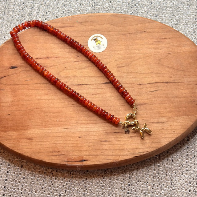 Agate Beaded Necklace with Gold Balloon Dog Charm – Playful Handmade Statement Jewelry