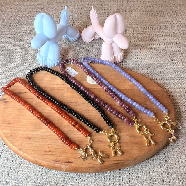 Agate Beaded Necklace with Gold Balloon Dog Charm – Playful Handmade Statement Jewelry