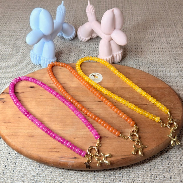 Agate Beaded Necklace with Gold Balloon Dog Charm – Playful Handmade Statement Jewelry