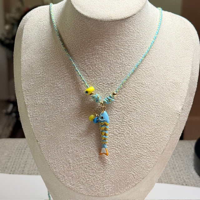 Handmade Colorful Glass Fish Charm Necklace – Adjustable Boho Beach Jewelry for Ocean Lovers
