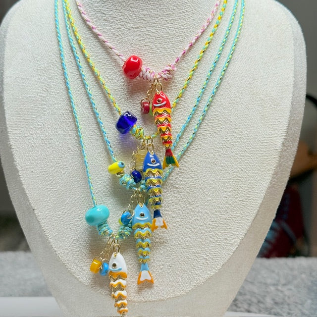 Handmade Colorful Glass Fish Charm Necklace – Adjustable Boho Beach Jewelry for Ocean Lovers
