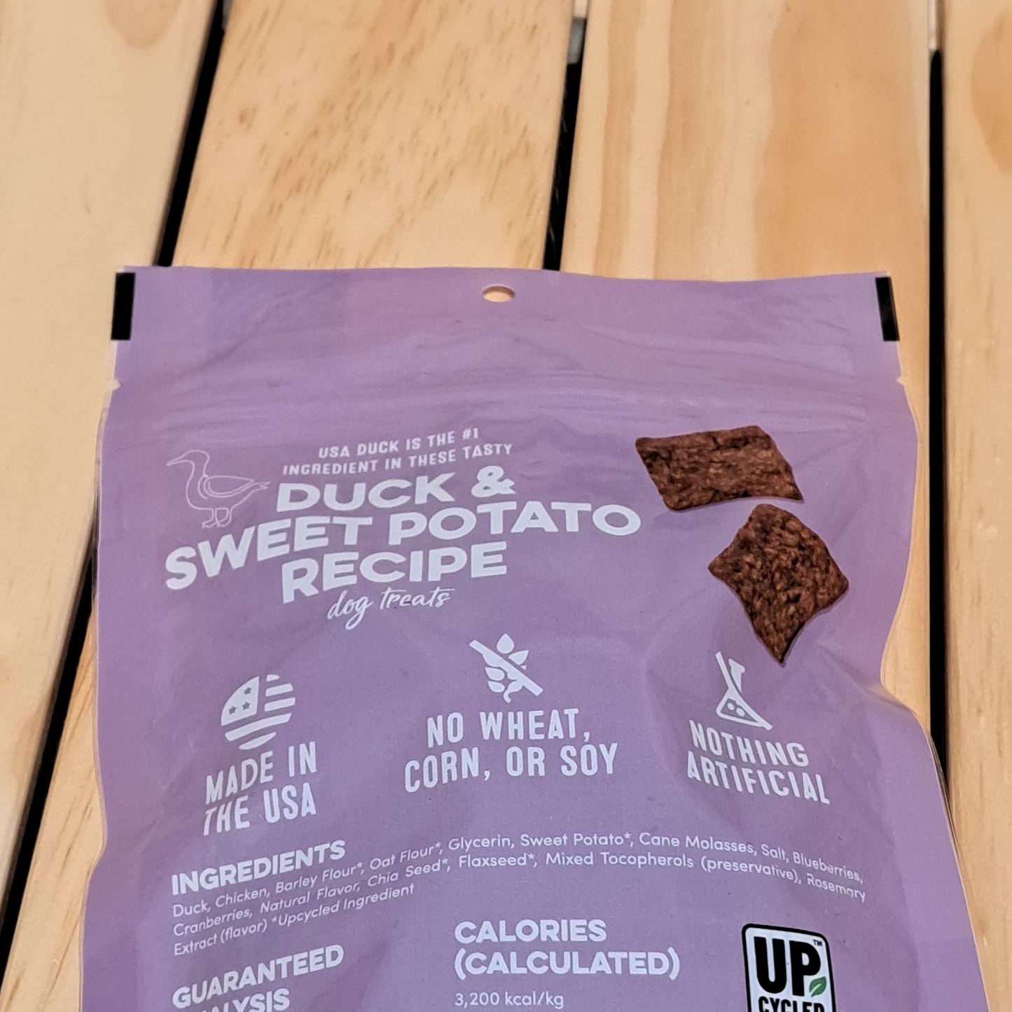 Back of a bag of Patty's Pet Foods Duck and Sweet Potato Jerky showing the list of ingredients.
