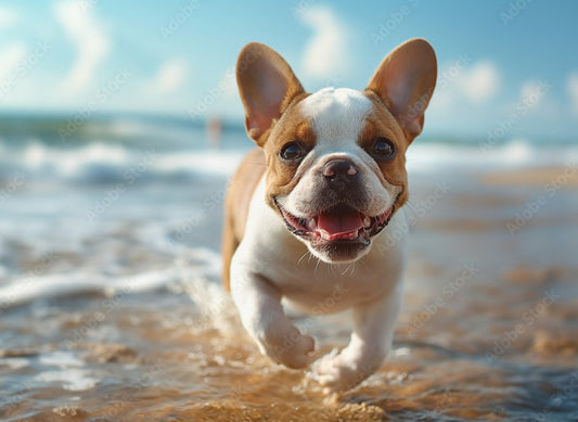 Happy French Bulldog having fun on the beach