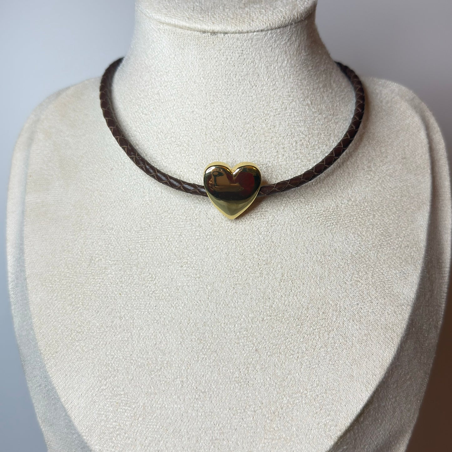 Handmade Braided Leather Necklace with Gold Hearth Charm