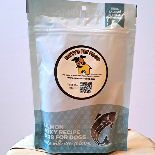 Patty's Pet Foods Salmon Jerky Treats package with a visible brand label on a light background