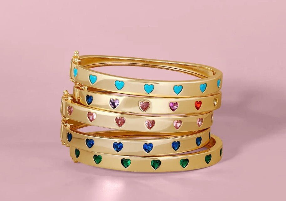 Heart Bangle Bracelet – Rainbow CZ 18K Gold Plated Statement Bracelet