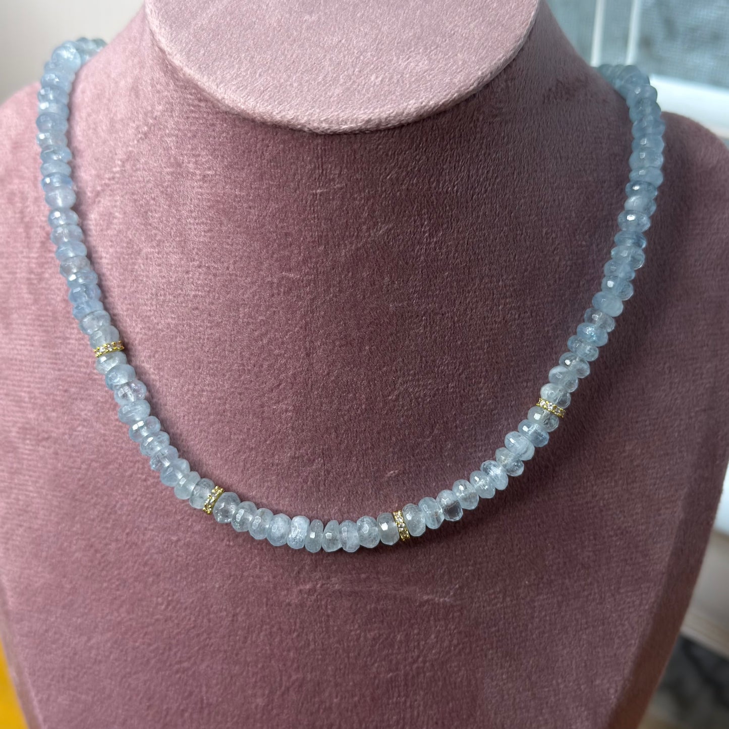 Aquamarine Bead Necklace with 18K Gold Fill CZ Spacers | 16" + 2" Extender