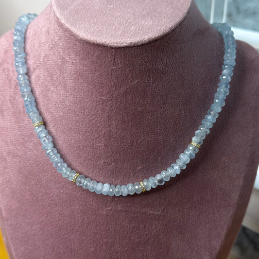 Aquamarine Bead Necklace with 18K Gold Fill CZ Spacers | 16" + 2" Extender