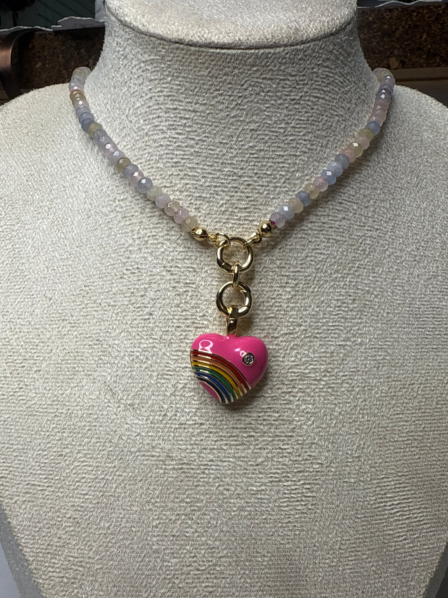 Joyful Double Lock Rainbow Heart Charm Necklace