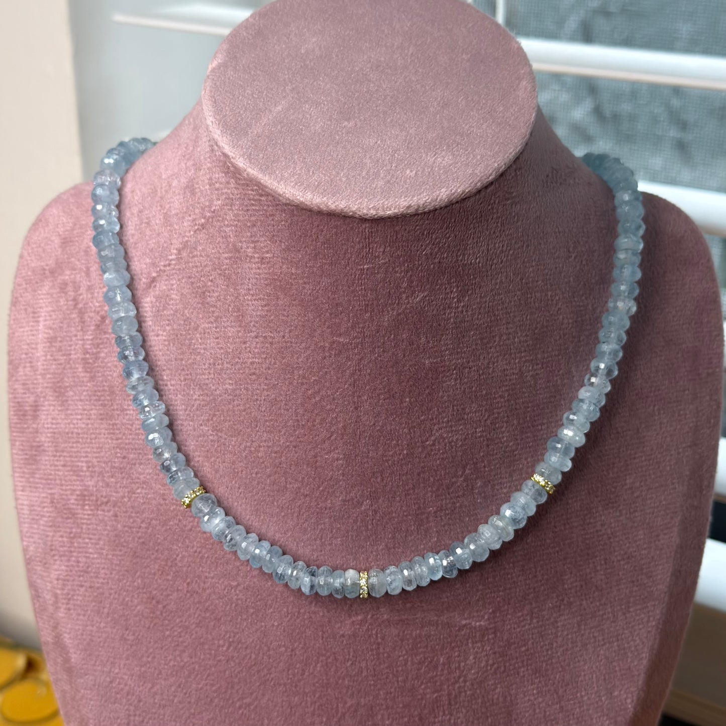 Aquamarine Bead Necklace with 18K Gold Fill CZ Spacers | 16" + 2" Extender