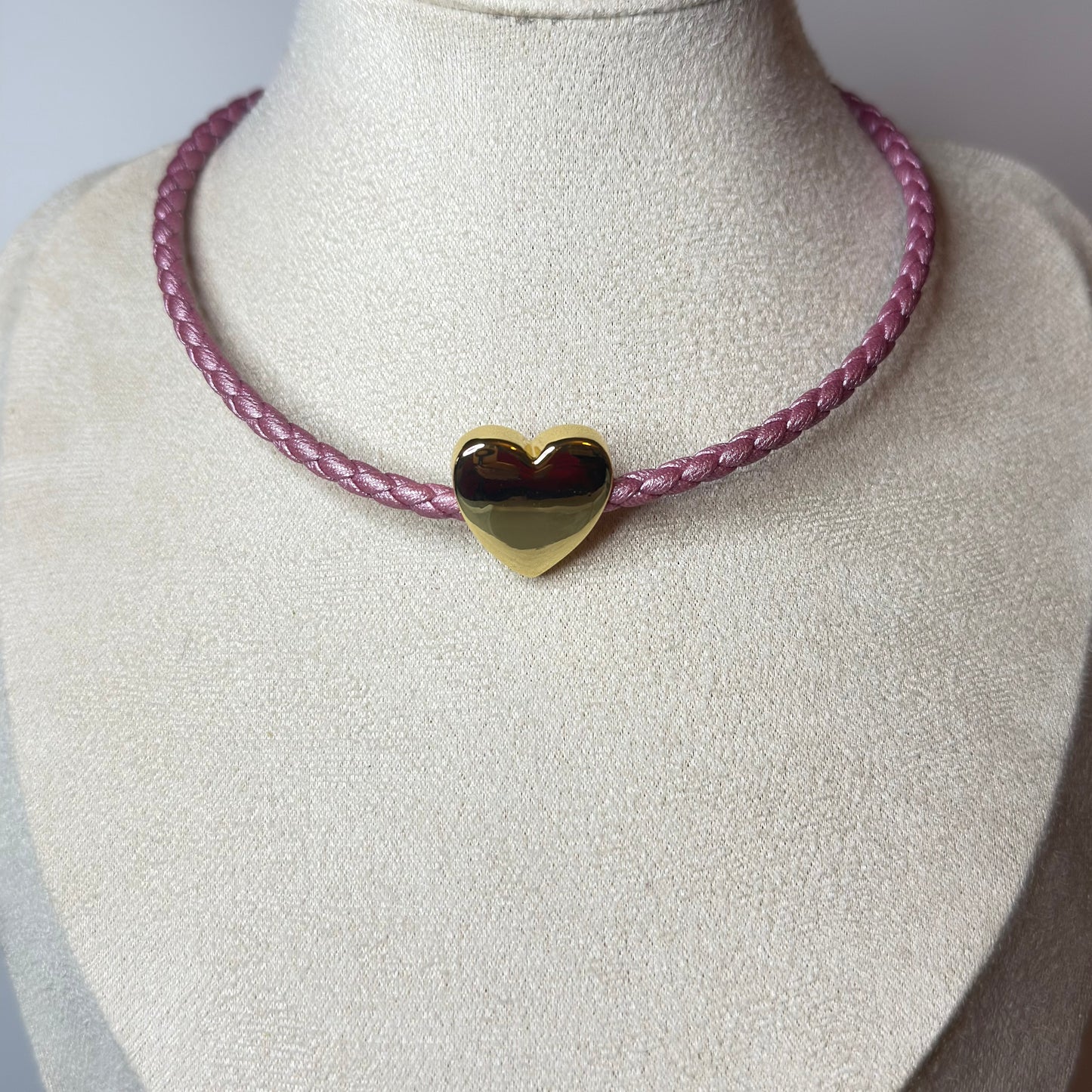 Handmade Braided Leather Necklace with Gold Hearth Charm