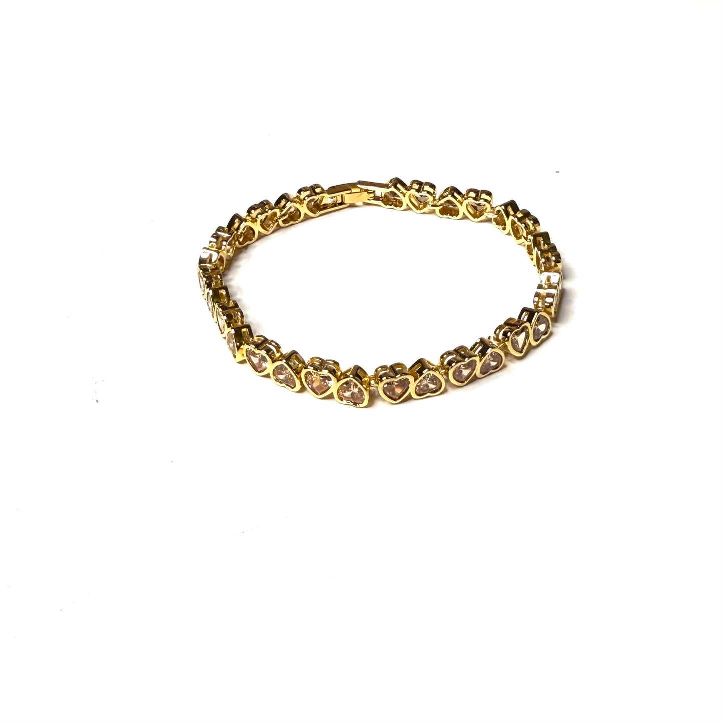 Adjustable Small Heart Bracelet – Gold Crystal Heart Tennis Style