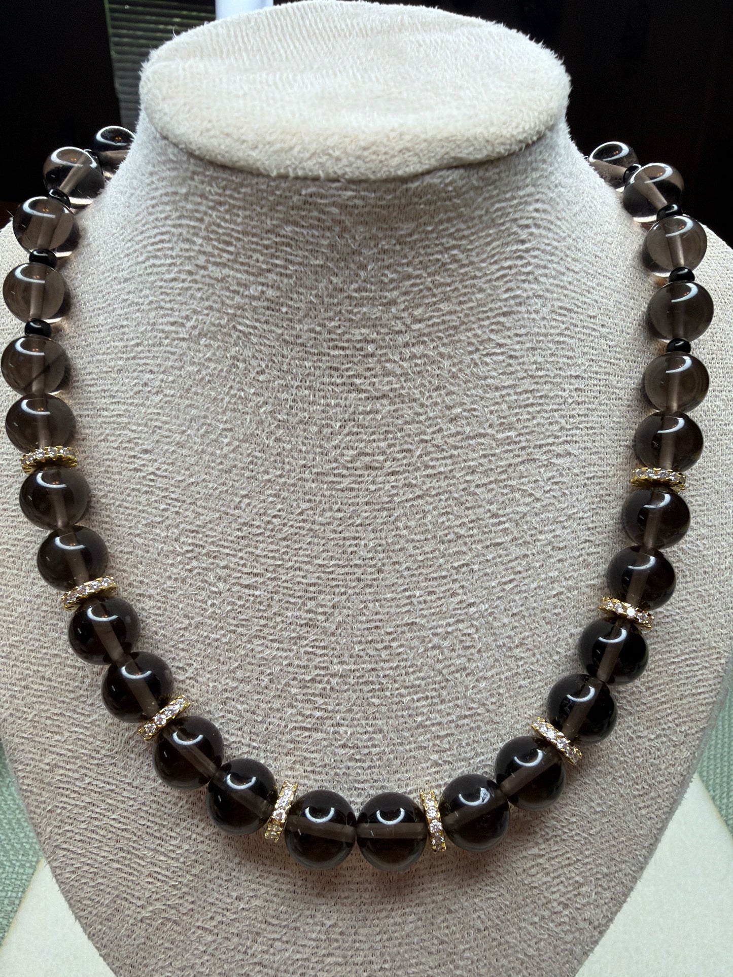 Smoky Quartz Beaded Necklace with CZ Spacers