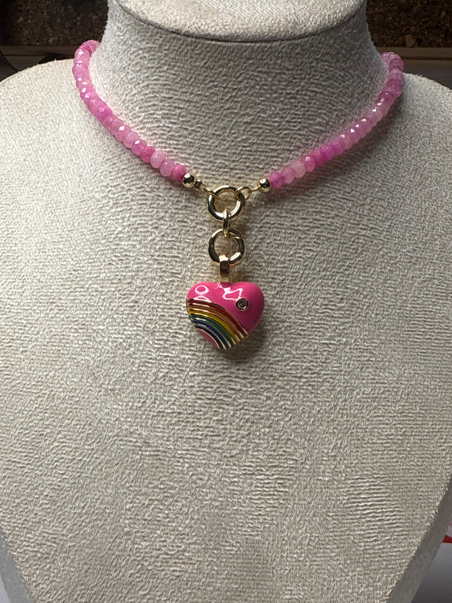 Joyful Double Lock Rainbow Heart Charm Necklace