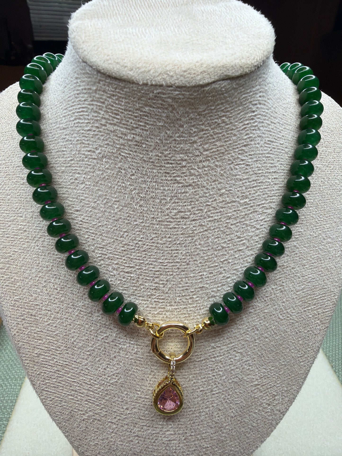 Green Jade & Pink CZ Pendant Necklace