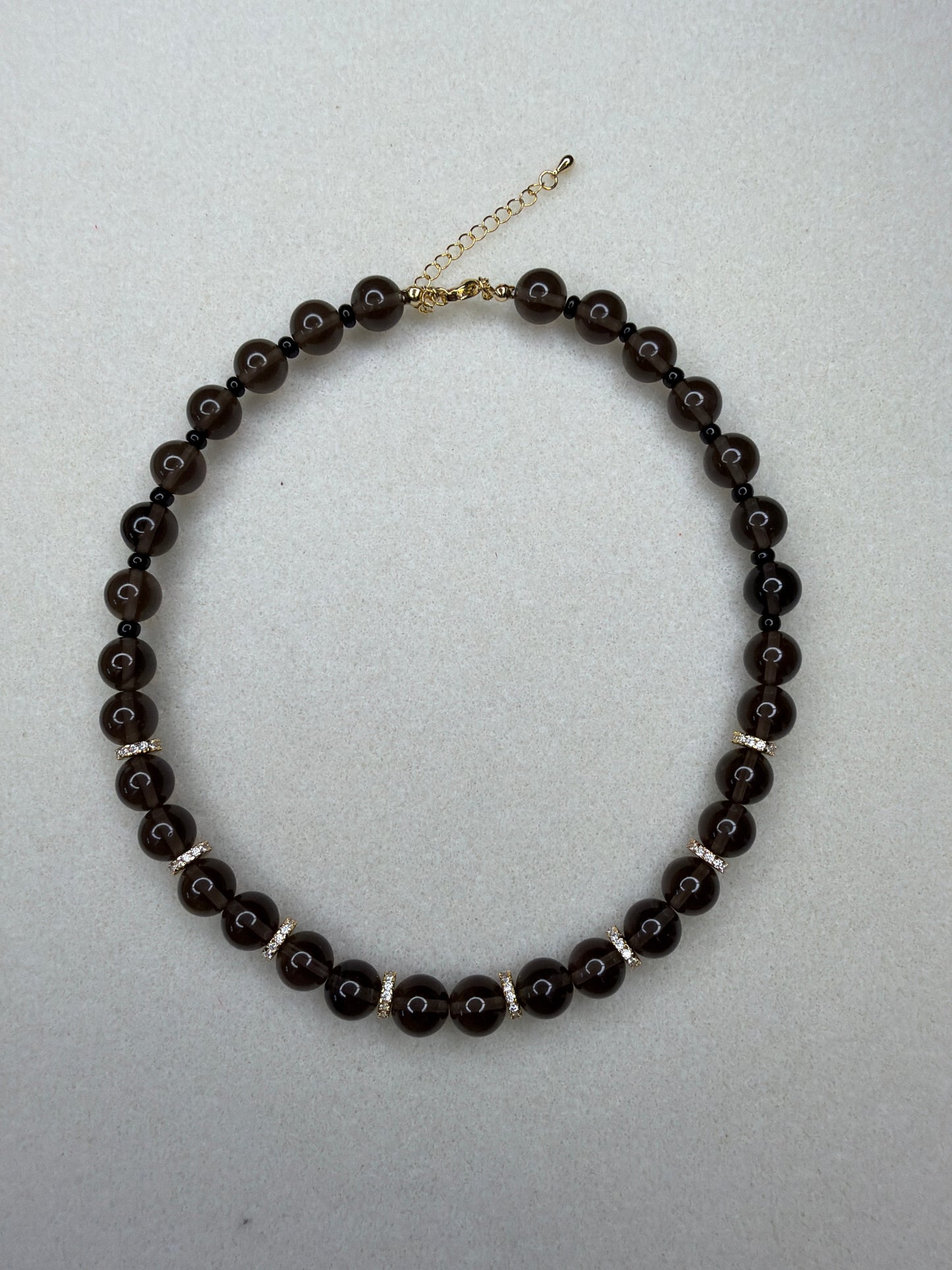 Smoky Quartz Beaded Necklace with CZ Spacers