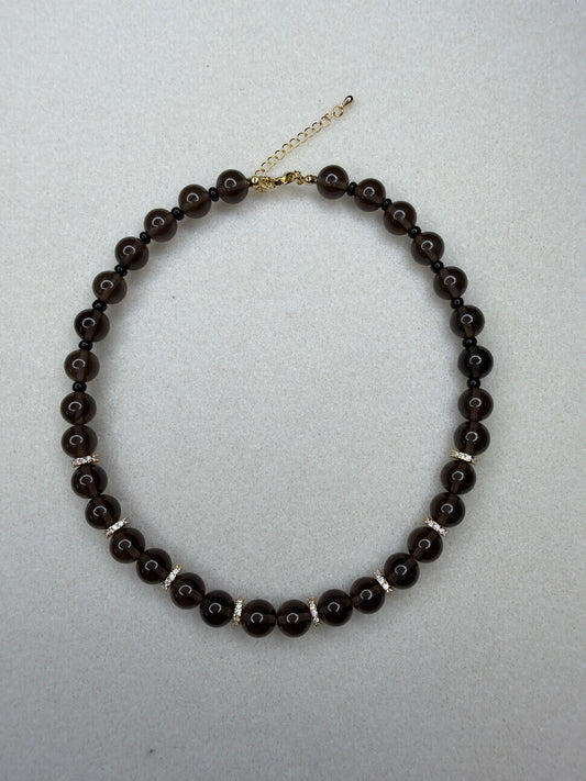 Smoky Quartz Beaded Necklace with CZ Spacers