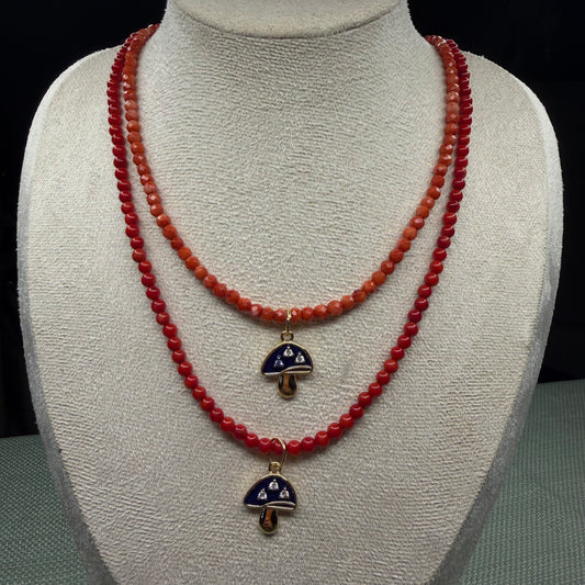Coral Beaded Necklace with Gold Plated Mushroom Charm