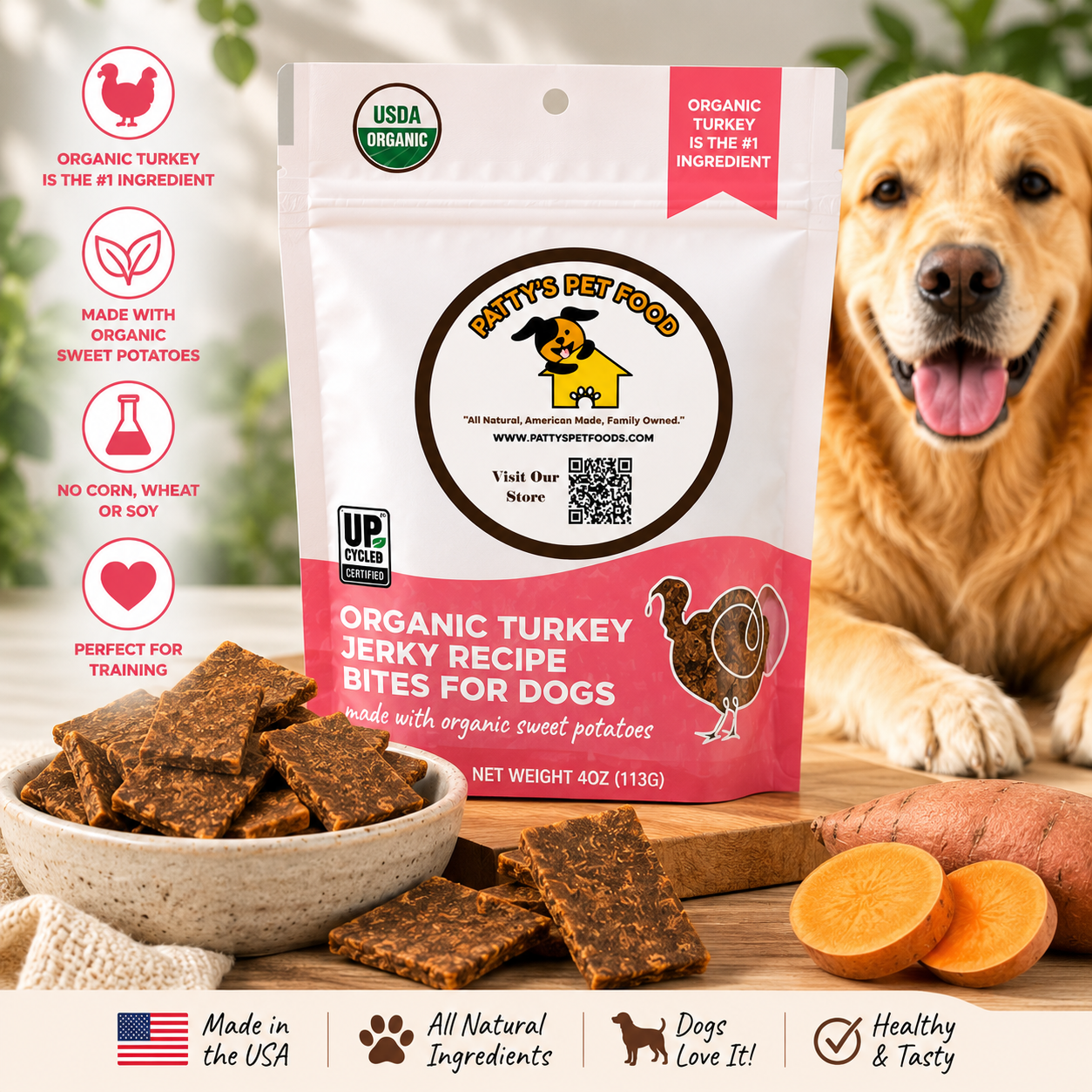 Organic Turkey & Sweet Potato Jerky Dog Treats | Human-Grade Dog Training Treats