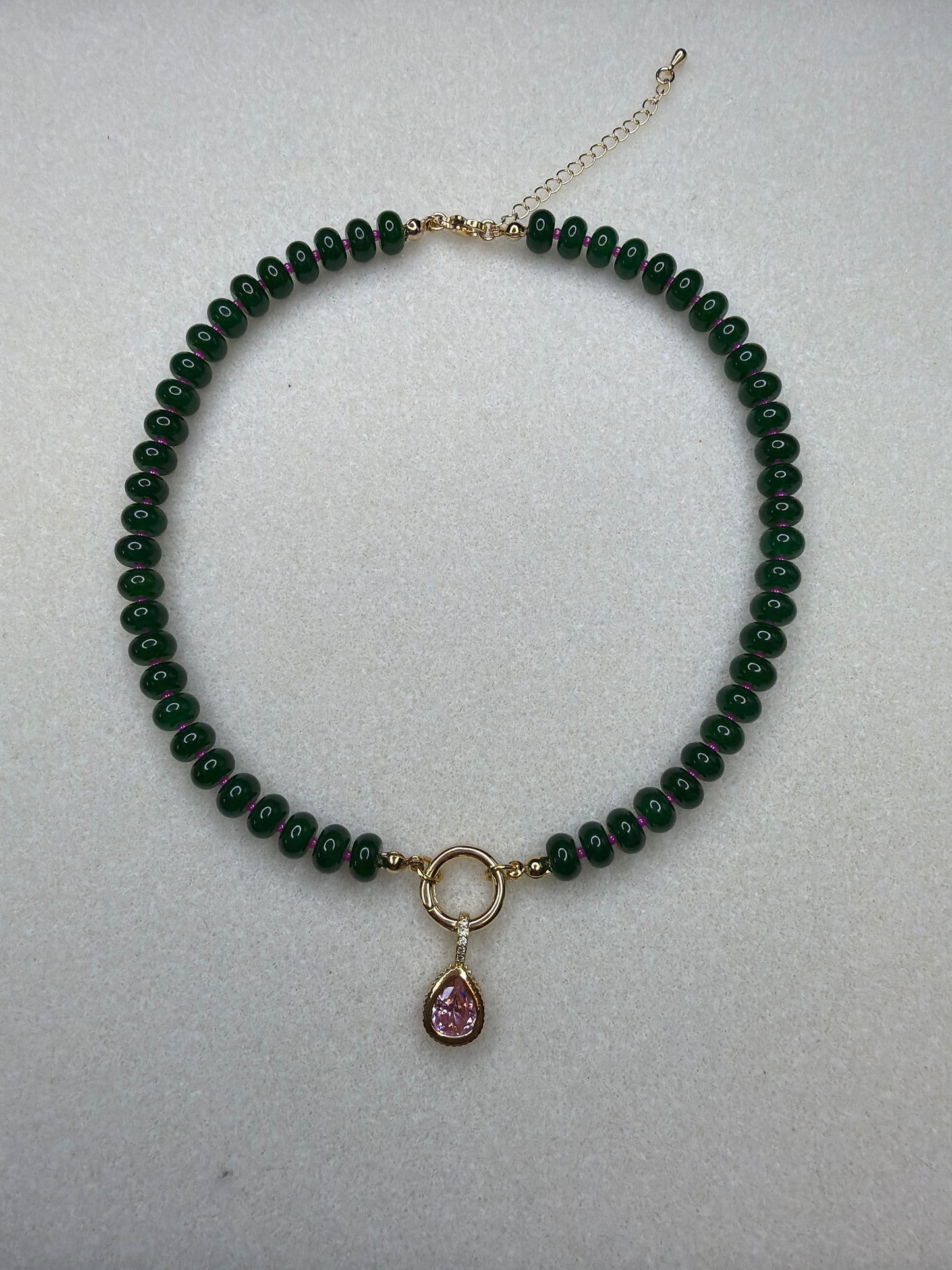 Green Jade & Pink CZ Pendant Necklace