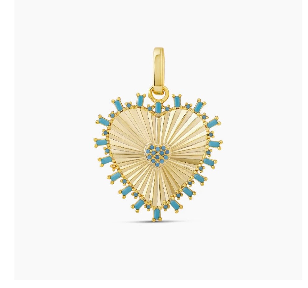 Radiant Heart Charm Pendant – 18K Gold Plated CZ Heart (White or Turquoise, 24mm)