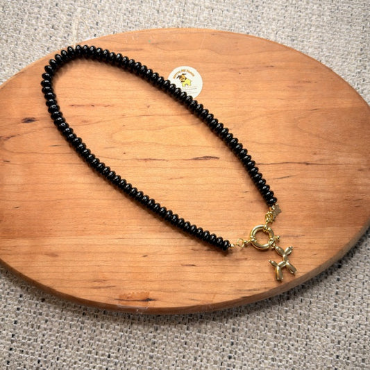 Agate Beaded Necklace with Gold Balloon Dog Charm – Playful Handmade Statement Jewelry