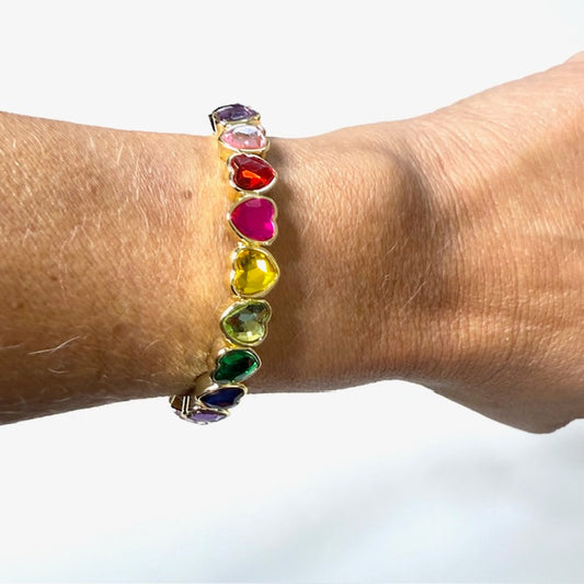 Rainbow Heart Crystal Stretchy Bracelet – Gold Bezel Elastic Style