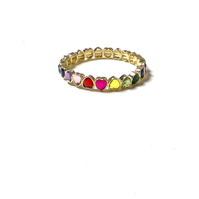 Rainbow Heart Crystal Stretchy Bracelet – Gold Bezel Elastic Style