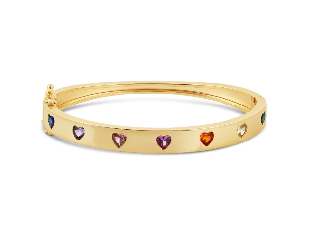 Heart Bangle Bracelet – Rainbow CZ 18K Gold Plated Statement Bracelet